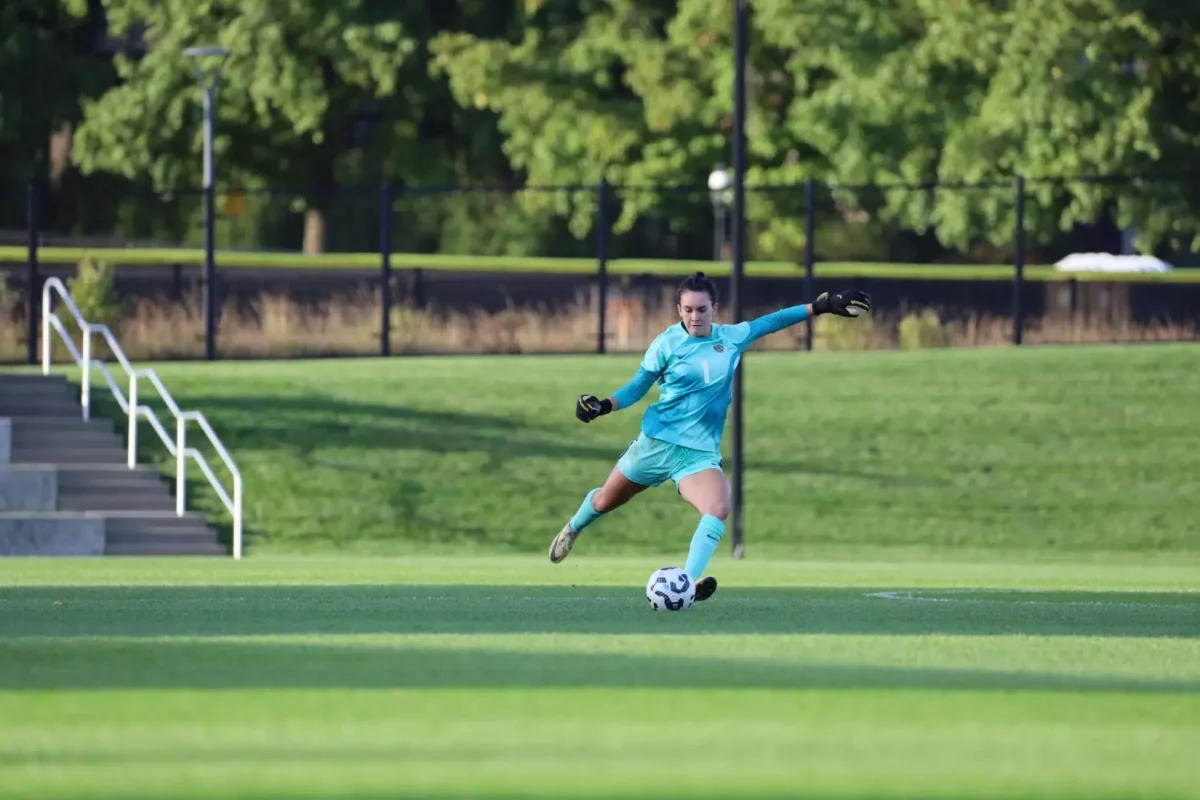 Sophomore goalkeeper Catherine Apker tallied seven saves as part of women's soccer's 3-0 victory against American last Saturday. (Photo by Nathan Feder for GoLeopards)