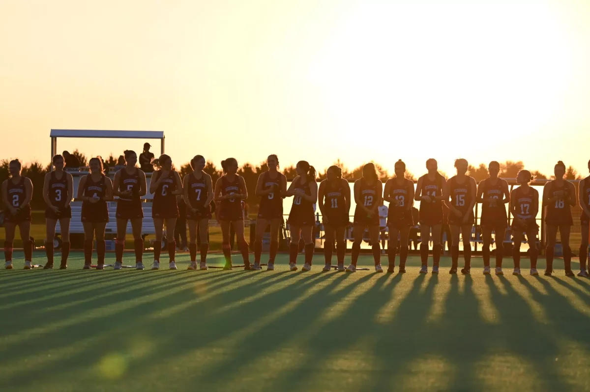 The field hockey team lines up against Lehigh University on Oct. 1. (Photo by George Varkanis for GoLeopards)