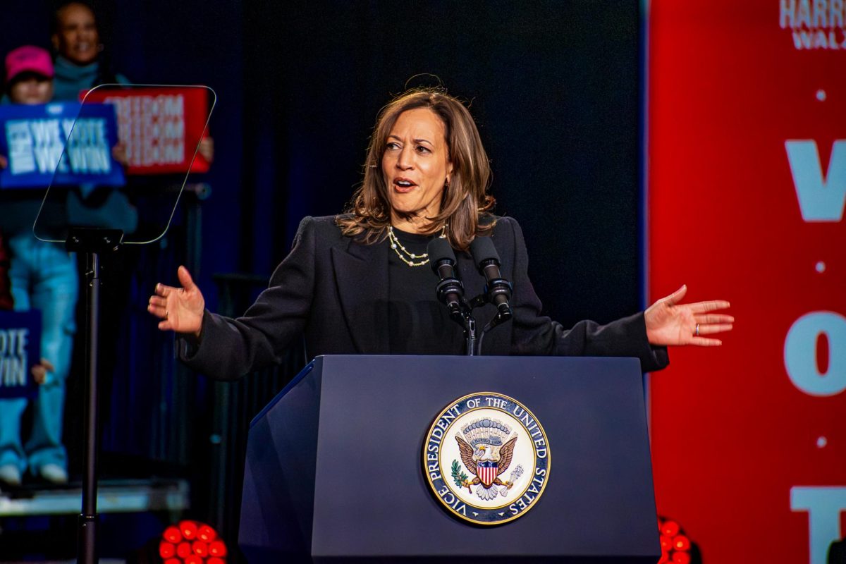 Democratic Vice President Kamala Harris delivers a speech to a gym full of spectators at Muhlenberg College.