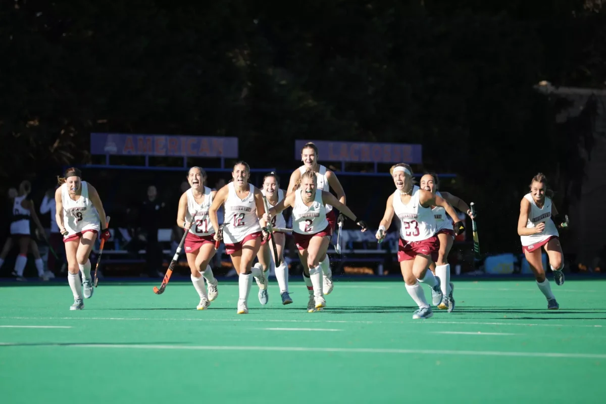 Sophomore midfielder Stella Malinowski's late fourth quarter goal pushed the field hockey team into overtime against American University on Saturday. (Photo by Rick Smith for GoLeopards)