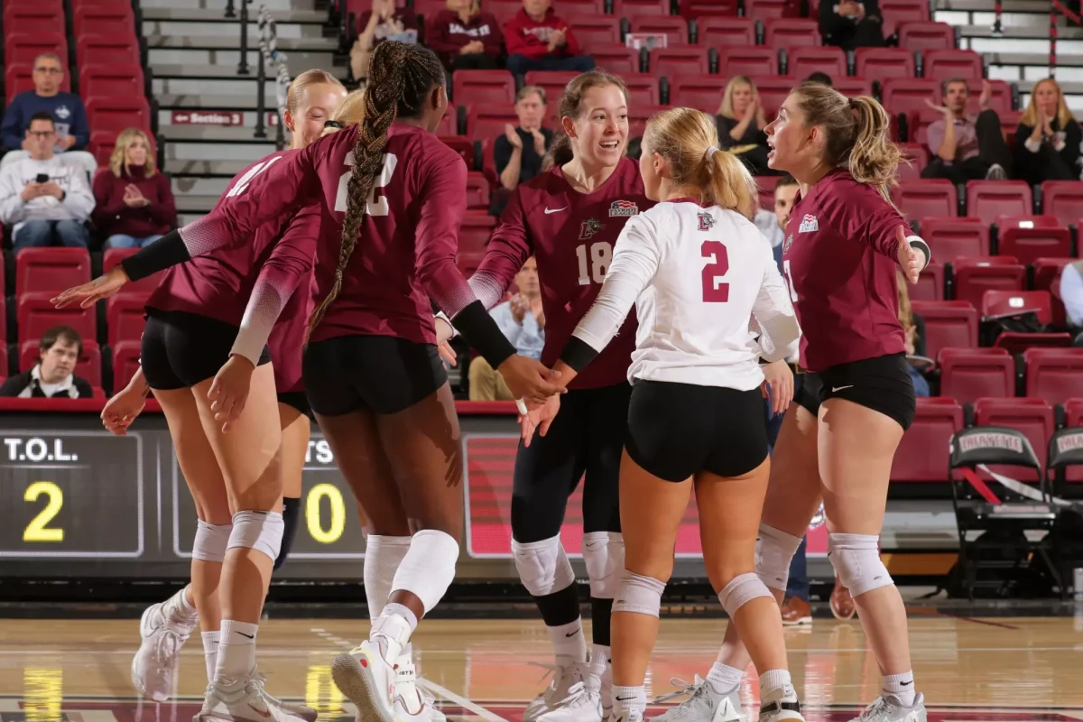 The women's volleyball team earned its second Patriot League win of the season on Nov. 9 against Holy Cross. (Photo by Rick Smith for GoLeopards)