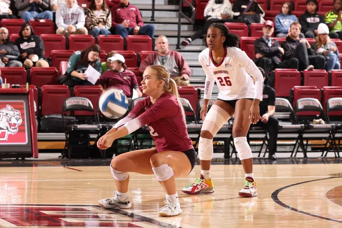 Junior libero Emily Gouldrup bumps the ball against Lehigh University. (Photo by Rick Smith for GoLeopards)