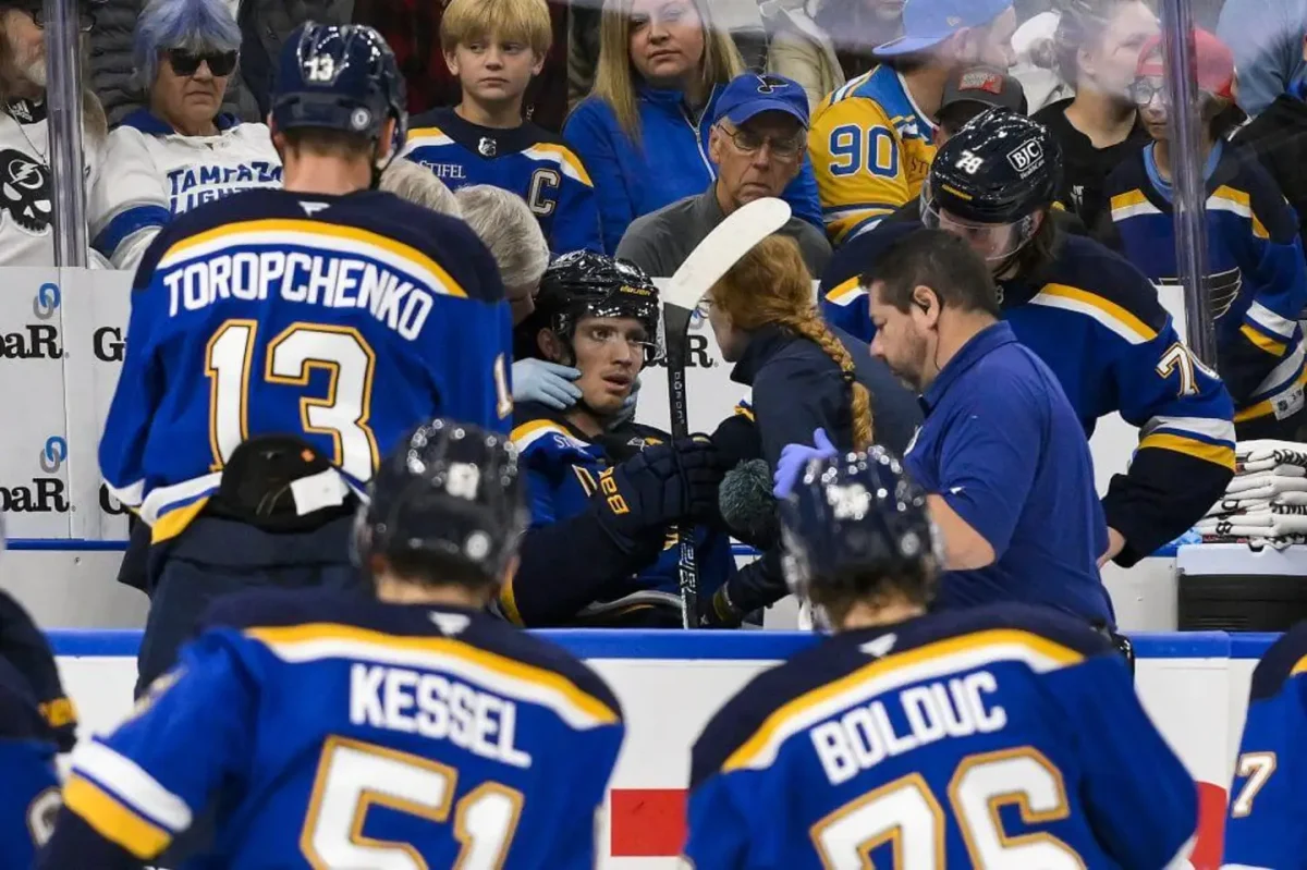 St. Louis Blues center Dylan Holloway's neck injury reflects the ongoing issue of player safety in hockey. (Photo courtesy of The Athletic)