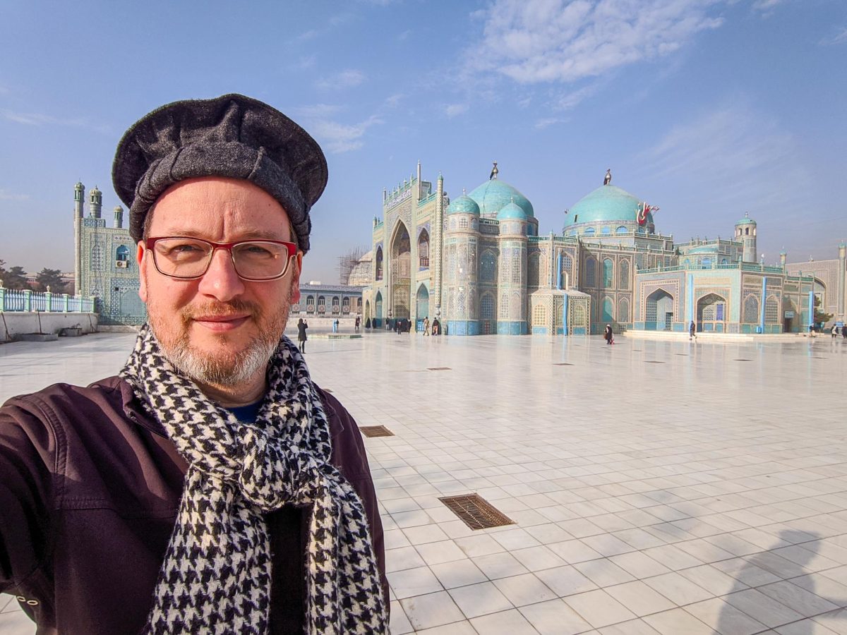 Physics lab instructor Scott Shelley visiting the Blue Mosque in Afghanistan during his travels. (Photo courtesy of Scott Shelley)