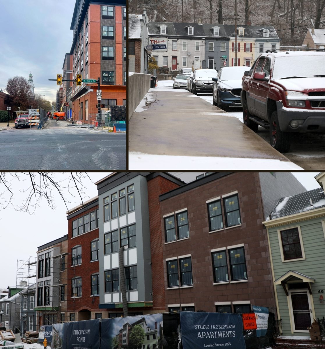 The Marquis (top left), and Dutchtown Pointe (bottom), are two apartment complexes nearing completion in 2025. Cars sit on a bridge above Bushkill Creek (top right), where parking has been a point of discussion among neighborhood residents.