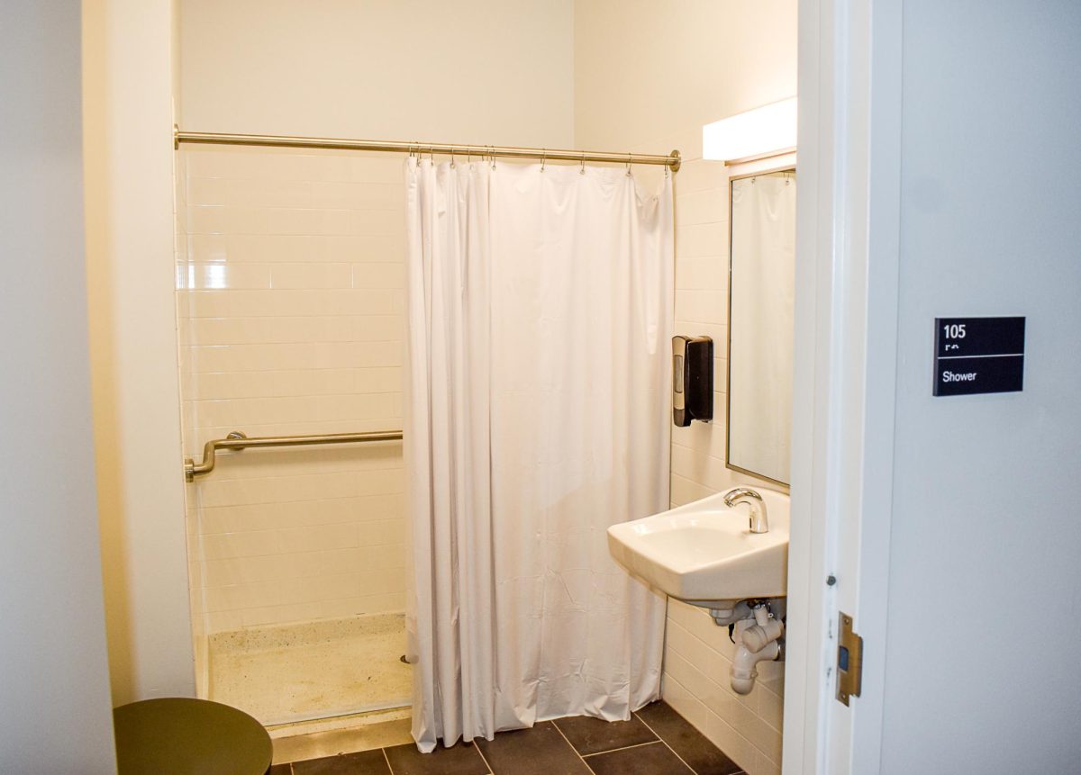 The shower in Rockwell Integrated Sciences Center is on the first floor near the elevator. 