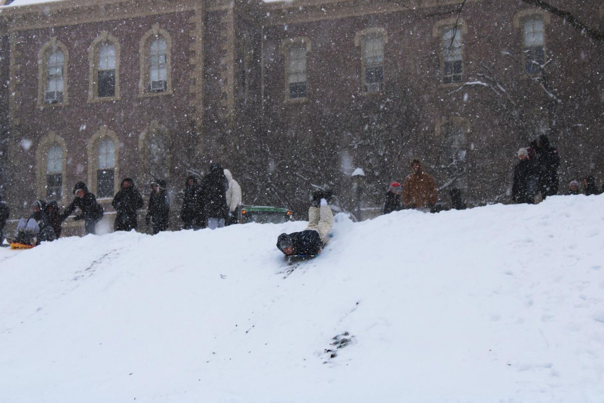 Students used a variety of items to sled down the hill, including trash bin lids, sheets of cardboard and a mattress.