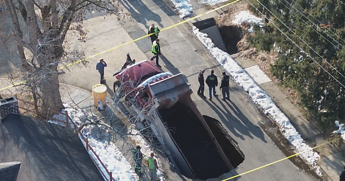 A dumptruck fell into one of the Phillipsburg sinkholes. (Photo courtesy of WFMZ)
