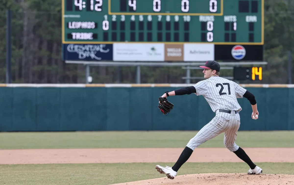 Junior right-handed pitcher Tristan Helmick allowed two earned runs in 6.1 innings in Friday’s loss. (Photo by Robert Keroack for GoLeopards)