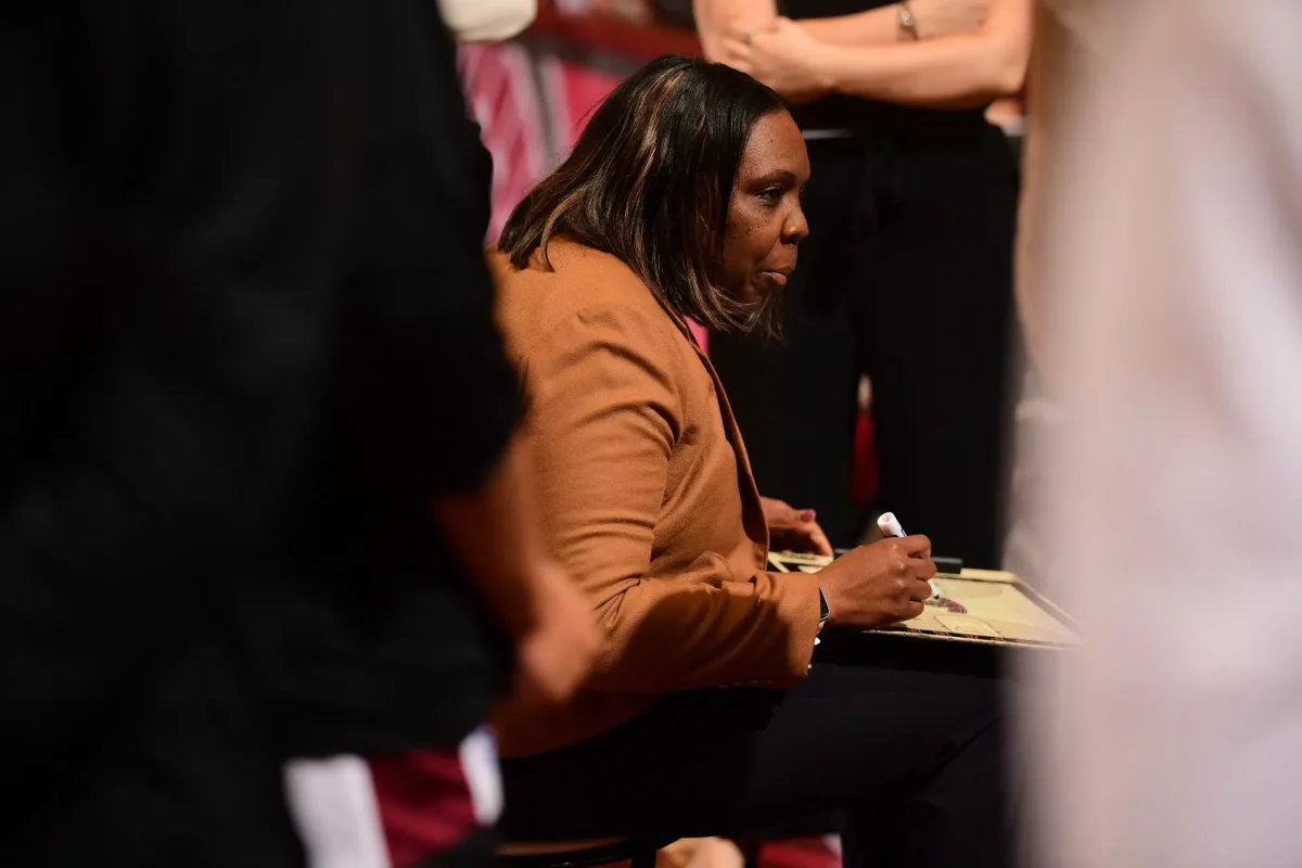 Women’s basketball head coach Kia Damon-Olson finishes her tenure having overseen 10 All-Patriot League team selections. (Photo by Hannah Ally for GoLeopards)