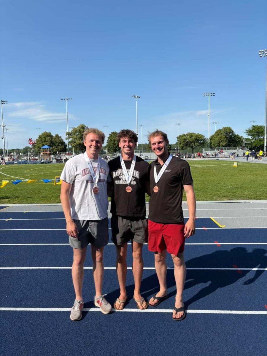 Lafayette’s three Patriot League medalists, senior Bobby McClosky (javelin), senior Ben Hill (pole vault) and junior John Liedtka (100-meter hurdles). (Photo courtesy of John Liedtka '27)