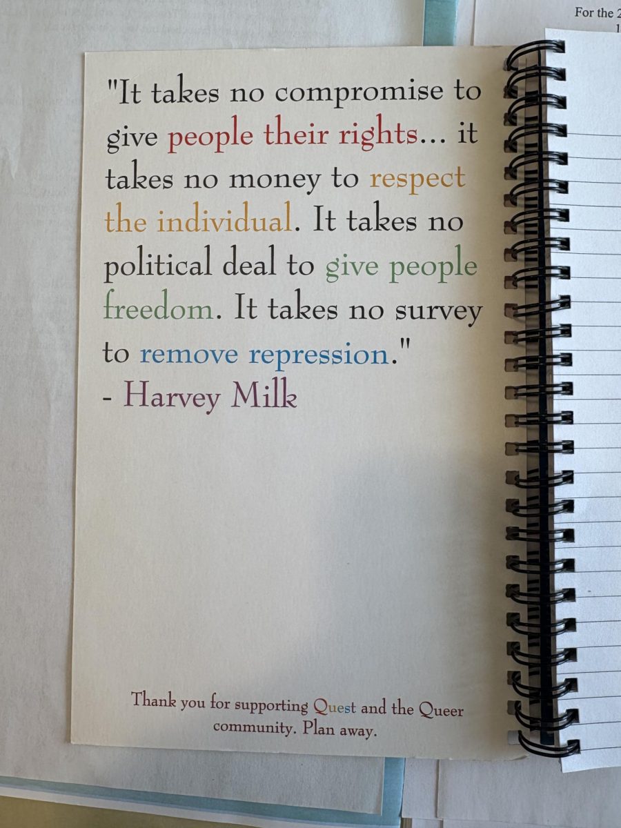 This is the inside of a "Gay Agenda" notebook, held by the college's archival collection on student group QueST, Questioning Sexual Taboos, which was previously distributed by the organization.